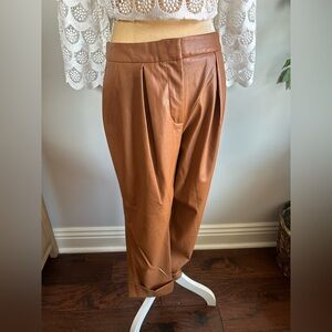 NWT Trina Turk Cognac Faux Leather Pleated Tapered Cuffed Pants Sz 6